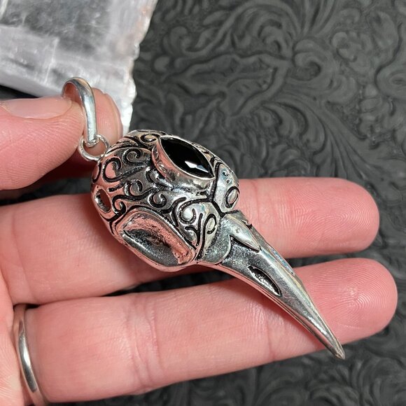 Raven or Crow Skull and Faceted Black Onyx Pendant - Picture 1 of 6